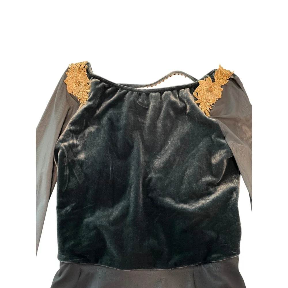 Weissman Lyrical Dance Costume Teal Blue Velvet Ombre Mesh Gold Floral 13369 LA